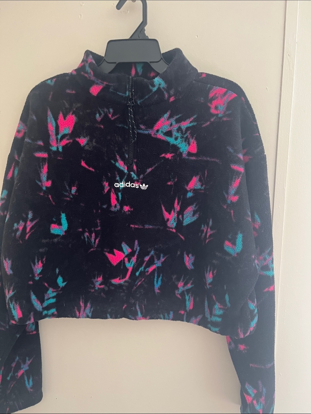 adidas Black Cropped Fleece Pullover with Pink & Teal Pattern
